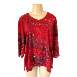 PLUS 3X Allison Daley Venice Floral Patterned Print Red Tee Shirt Top